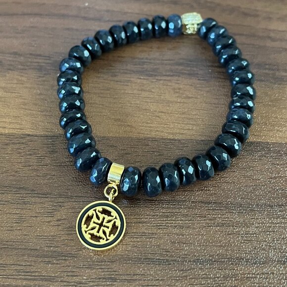 Rustic Cuff Faceted Black Obsidian Natural Stone Logo Stretch Bracelet - Picture 4 of 4